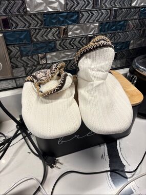 Women's Cream Knit Cozy Slipper Booties with Patterned Trim